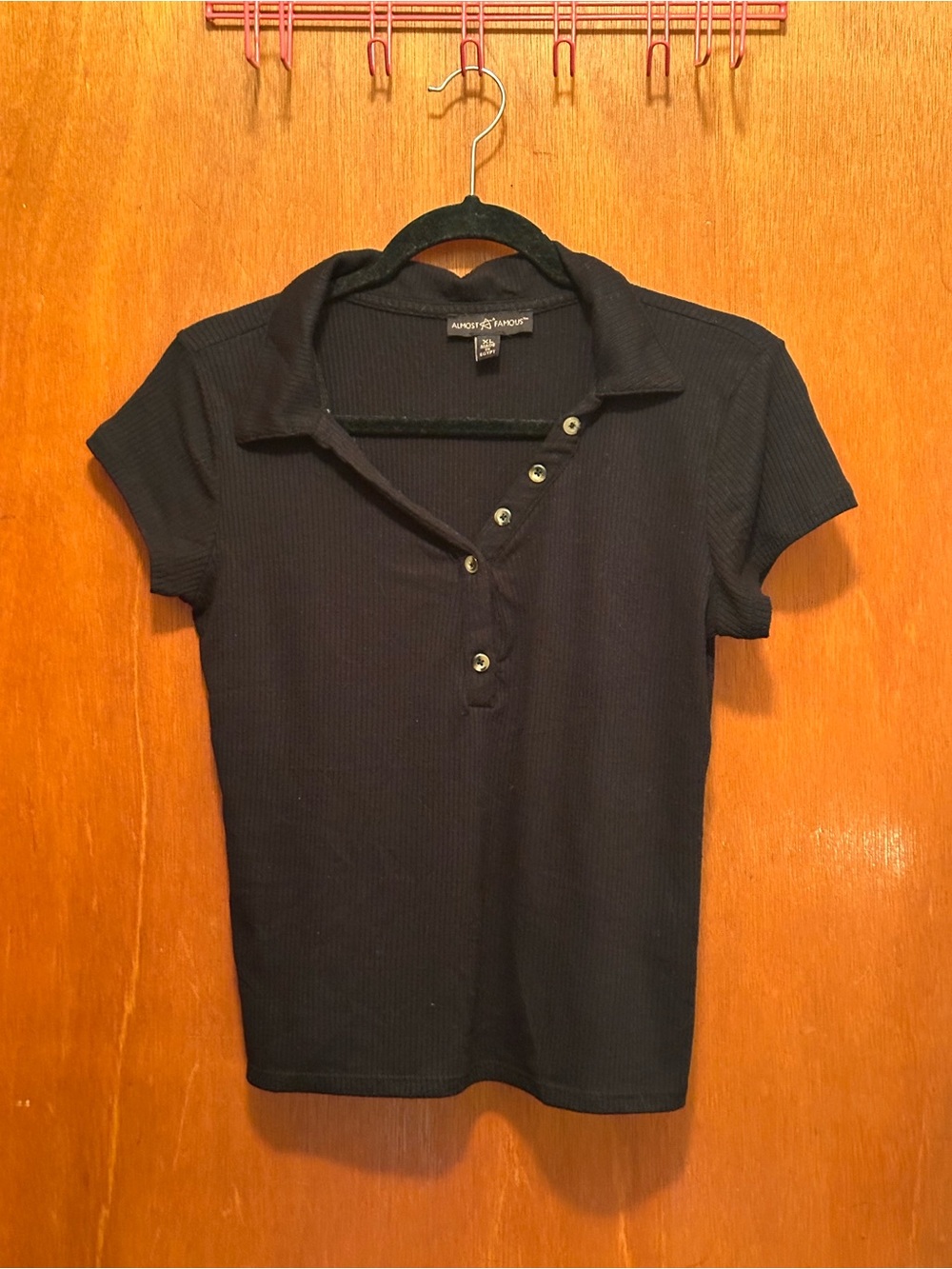 Almost Famous Black Ribbed Polo Cropped Tee with Button Placket
